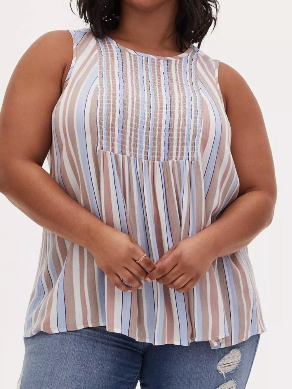 TORRID 1 Plus Size Crinkle Gauze Smocked Tank White Taupe Blue Striped Blouse 1X